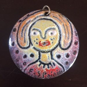 Enamel on Copper Pendant Necklace Signed 2 inches